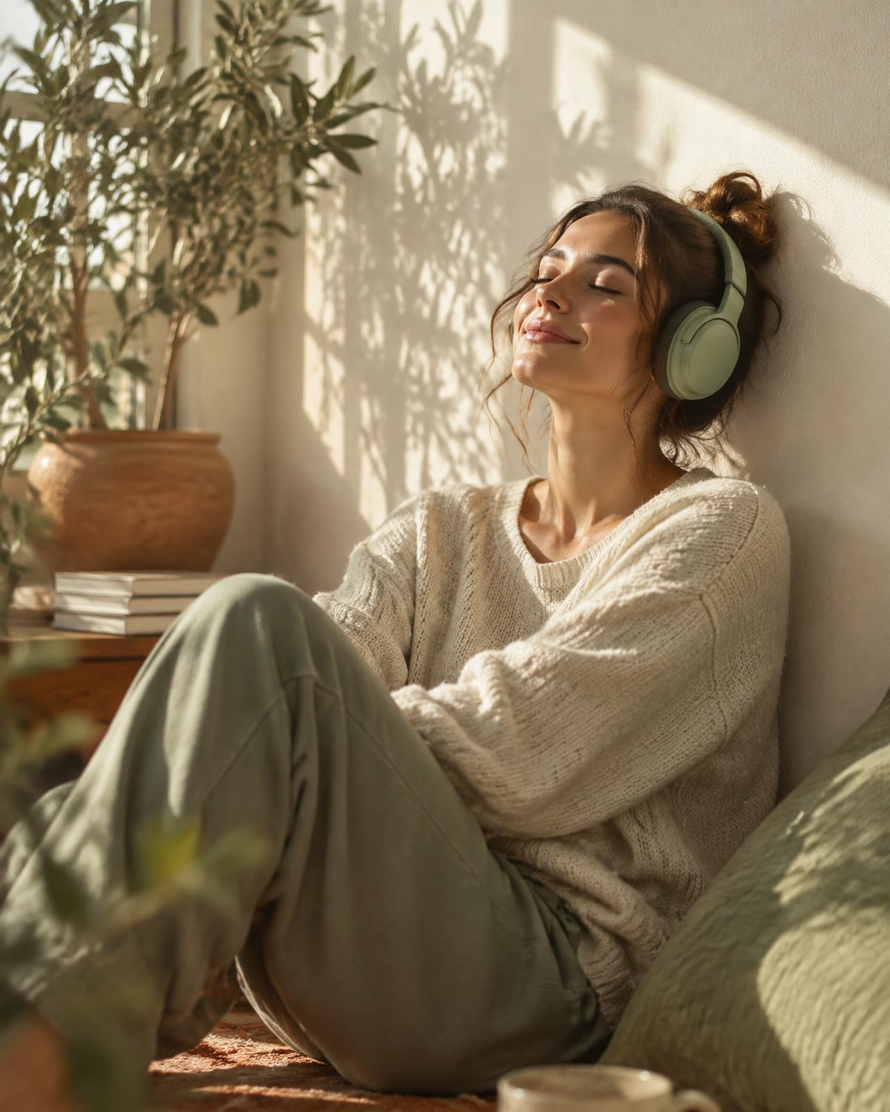 A university student relaxing with headphones in warm morning light
